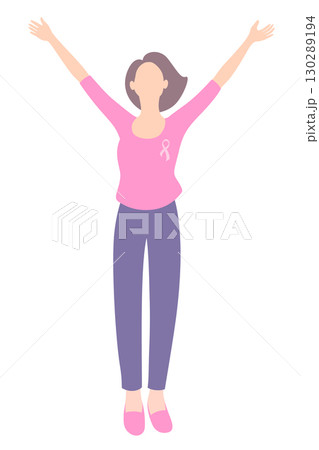 Woman Standing with arms raised high.  130289194
