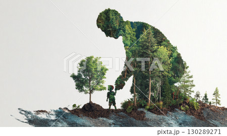 Creative double exposure image showing large adult figure made of forest trees holding hands with small child figure also covered greenery 130289271