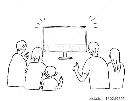 テレビ、モニターを見る家族、線画 テレビ、モニターを見る家族、線画 130289295