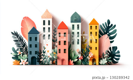 Colorful paper cut style houses with tropical leaves and flowers create charming and vibrant neighborhood scene with soft shadows and bright tones 130289342