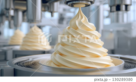 Soft serve ice cream swirl being dispensed from machine in production line, creamy texture with industrial background and smooth flow 130289380