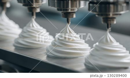 Whipped cream or meringue being dispensed in swirled shapes on production line, showing smooth texture and creamy consistency 130289400