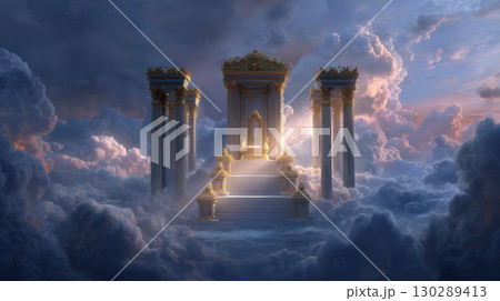 Ancient golden throne on grand staircase surrounded by tall columns in mystical cloudscape with dramatic lighting and serene atmosphere 130289413
