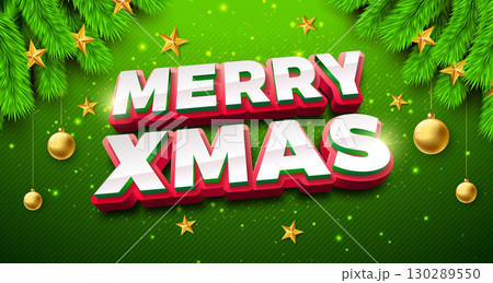 Merry Christmas and Happy New Year Greeting Card Banner with Fir Branch and 3d Typography Lettering on Green Background. Vector Holiday Season Design with Decoration Elements for Party Flyer Merry Christmas and Happy New Year Greeting Card Banner with Fir Branch and 3d Typography Lettering on Green Background. Vector Holiday Season Design with Decoration Elements for Party Flyer 130289550