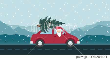 santa drive with red car and christmas tree in snowy winter landscape vector illustration santa drive with red car and christmas tree in snowy winter landscape vector illustration 130289631