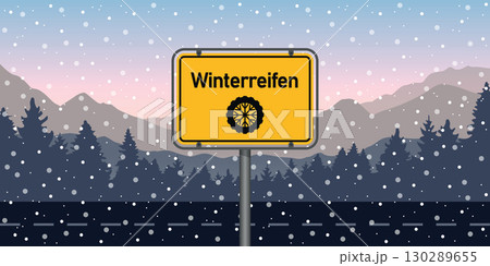 winter tires traffic sign on snowy winter landscape background vector illustration 130289655