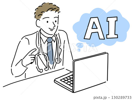 AIを活用する男性医師シンプル線画 130289733