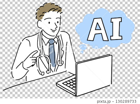 AIを活用する男性医師シンプル線画 130289733