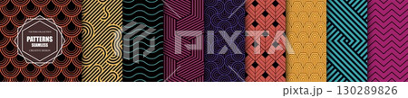 Collection of striped seamless geometric patterns - elegant decorative fabric textures set. Luxury vintage ornamental design. Bright colorful creative repeatable backgrounds 130289826