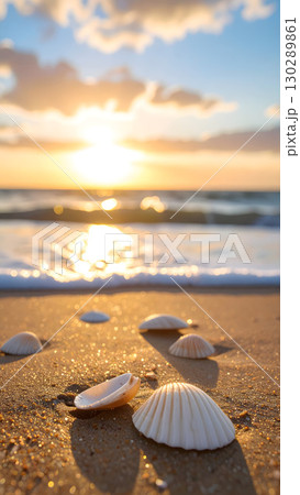 夕暮れの浜辺にたくさんの貝殻 130289861