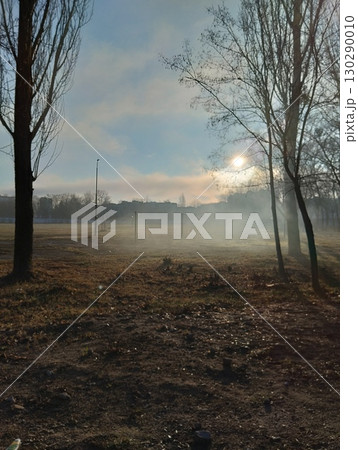 Fog spreads across the ground. Sunrise in nature. Morning Landscape 130290010