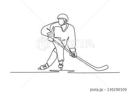Continuous one line drawing male ice hockey player in dynamic skating motion, stickhandling puck, symbolize athletic skill, speed, energetic action. Single line draw design vector graphic illustration Continuous one line drawing male ice hockey player in dynamic skating motion, stickhandling puck, symbolize athletic skill, speed, energetic action. Single line draw design vector graphic illustration 130290109