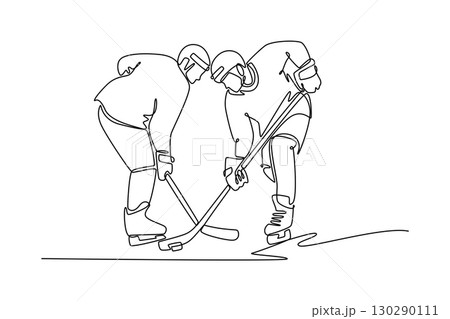 Continuous one line drawing two male ice hockey players in tense face-off, symbolizing competition, strategic combat, and energetic start of game. Single line draw design vector graphic illustration 130290111