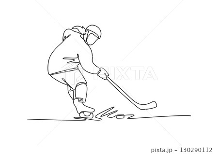 Continuous one line drawing female ice hockey player stickhandling a puck. Symbolizing athletic skill, speed, and the energetic action of the game. Single line draw design vector graphic illustration Continuous one line drawing female ice hockey player stickhandling a puck. Symbolizing athletic skill, speed, and the energetic action of the game. Single line draw design vector graphic illustration 130290112