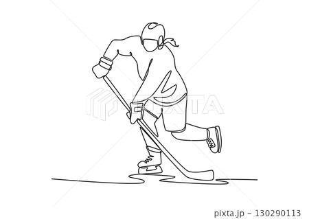 Continuous one line drawing professional women's ice hockey player skating in indoor arena. Representing the agility, power, and graceful movement. Single line draw design vector graphic illustration Continuous one line drawing professional women's ice hockey player skating in indoor arena. Representing the agility, power, and graceful movement. Single line draw design vector graphic illustration 130290113