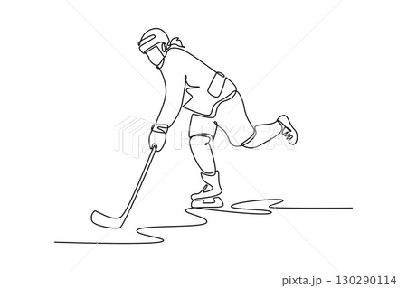 Single continuous line drawing active female ice hockey player is skating, stickhandling the puck. Athletic skill, speed, and energetic action. Dynamic one line draw graphic design vector illustration 130290114
