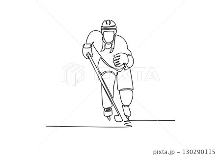Single continuous line drawing female ice hockey player in powerful low stance skating forward, symbolizing aggressive action, focus, athletic skill. One line draw graphic design vector illustration Single continuous line drawing female ice hockey player in powerful low stance skating forward, symbolizing aggressive action, focus, athletic skill. One line draw graphic design vector illustration 130290115