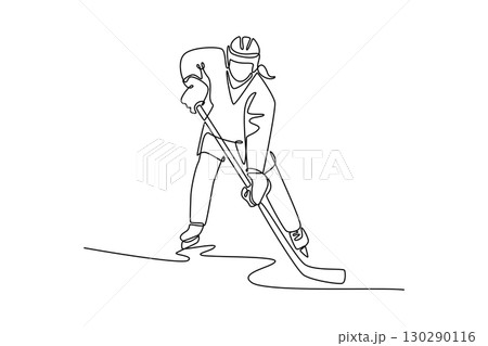Single continuous line drawing female ice hockey player in dynamic skating motion, stickhandling the puck. Athletic skill, speed, and energetic action. One line draw graphic design vector illustration 130290116
