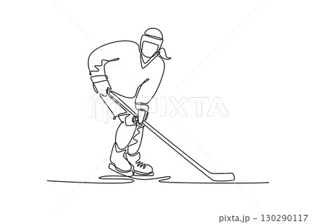 Single continuous line drawing female ice hockey player in dynamic skating motion, stickhandling puck. Symbolize power, athletic skill, poised action. One line draw graphic design vector illustration Single continuous line drawing female ice hockey player in dynamic skating motion, stickhandling puck. Symbolize power, athletic skill, poised action. One line draw graphic design vector illustration 130290117