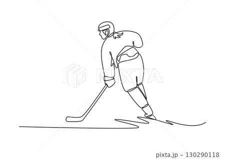 Single continuous line drawing back view professional female ice hockey player is skating. Representing agility, power, and graceful movement. Dynamic one line draw graphic design vector illustration 130290118
