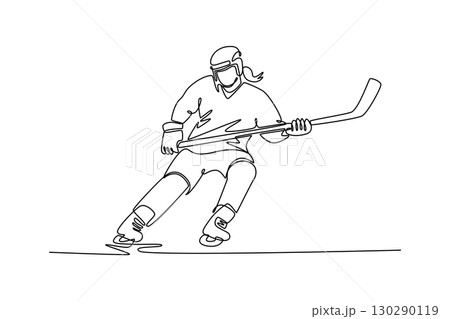 Single continuous line drawing front view attractive female ice hockey player is skating. Representing agility, power, and graceful movement. Dynamic one line draw graphic design vector illustration Single continuous line drawing front view attractive female ice hockey player is skating. Representing agility, power, and graceful movement. Dynamic one line draw graphic design vector illustration 130290119
