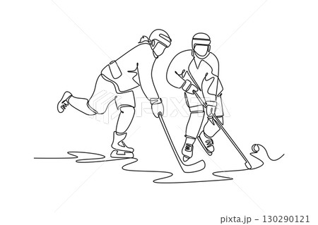 Single continuous line drawing two ice hockey players are engaged in a competitive match. Teamwork, dynamic action, and the aggressive nature of sport. One line draw graphic design vector illustration Single continuous line drawing two ice hockey players are engaged in a competitive match. Teamwork, dynamic action, and the aggressive nature of sport. One line draw graphic design vector illustration 130290121