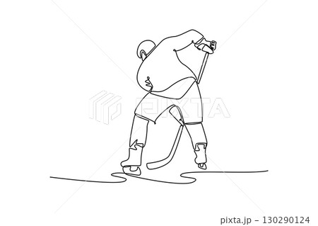 Single one line drawing male ice hockey player in powerful low stance with his stick. Symbolizing aggressive action, focus, and athletic skill. Continuous line draw design graphic vector illustration Single one line drawing male ice hockey player in powerful low stance with his stick. Symbolizing aggressive action, focus, and athletic skill. Continuous line draw design graphic vector illustration 130290124