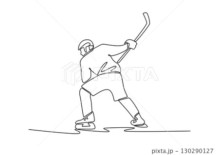 Single one line drawing male ice hockey player in powerful stance, preparing slapshot with his stick. Aggressive action, focus, athletic skill. Continuous line draw design graphic vector illustration 130290127