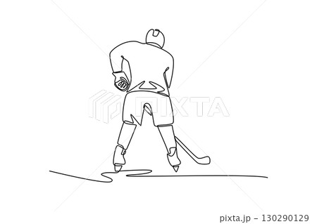 Single one line drawing male ice hockey player from behind in ready stance with his stick. Symbolizing poised action, focus, and athletic skill. Continuous line draw design graphic vector illustration 130290129