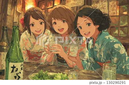日本酒のある女子会 イラスト 032 130290291