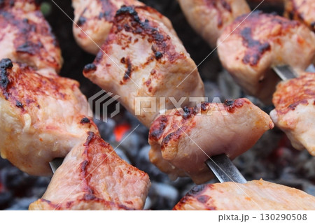 shashlik. Cooking meat on coals. picnic. barbecue. rest. Food in nature 130290508