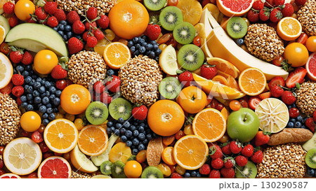 新鮮なフルーツとナッツがぎっしり詰まったカラフルな食卓 130290587