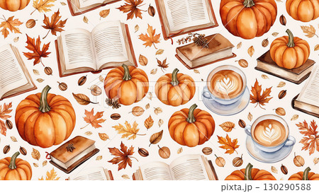 本とカボチャとコーヒーを描いた秋の読書タイム 本とカボチャとコーヒーを描いた秋の読書タイム 130290588