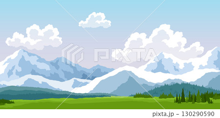 Alpine meadows and beautiful mountains, forests and lakes, vector illustration. Panoramic landscape of green fields, amazing mountains on a clear day with gentle clouds in the blue sky 130290590