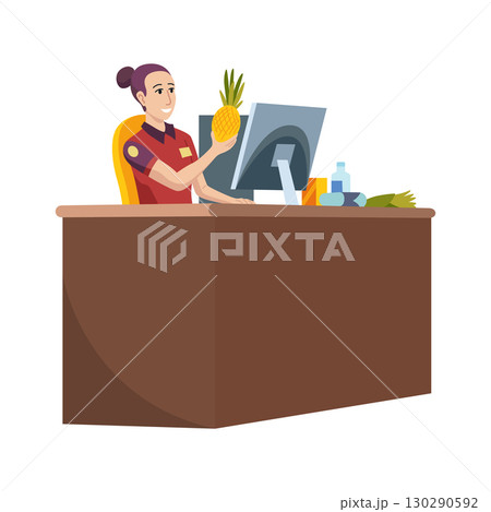 Supermarket cashier at the checkout 130290592