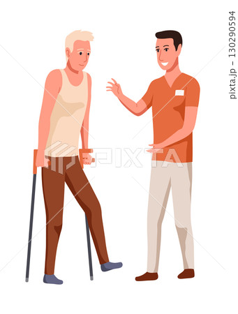 Therapist helping patient during physio therapy and rehabilitation. Physiotherapy treatment for man with physical disabilities. Flat graphic vector illustration isolated on white background 130290594