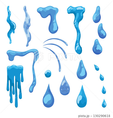 Cartoon tear drops icon set. Sorrow cry streams, tear blob or sweat drop. Crying fluid, falling blue water drops. Isolated vector set for sorrowful character weeping expression. Wet grief droplets 130290618