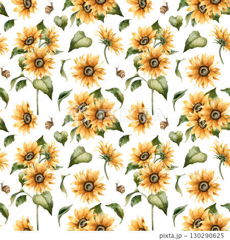Sunflower Autumn garden yellow flowers Watercolor hand painted floral seamless pattern on white background for fall design cozy prints cute home kitchen table textile fabric wrapping paper wallpaper 130290625