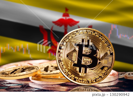 Bitcoin with Brunei flag in the background. Investors in cryptocurrency and Blockchain Technology in Brunei, Concept Bitcoin with Brunei flag in the background. Investors in cryptocurrency and Blockchain Technology in Brunei, Concept 130290942