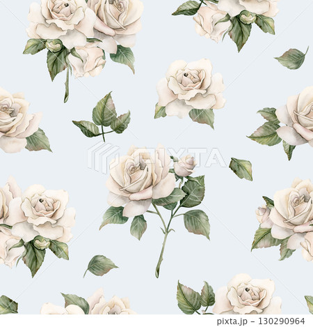 White Roses with leaves Watercolor hand painted Victorian floral seamless pattern on light blue background rustic garden flowers for wedding design home table textile fabric crockery wrapping paper White Roses with leaves Watercolor hand painted Victorian floral seamless pattern on light blue background rustic garden flowers for wedding design home table textile fabric crockery wrapping paper 130290964