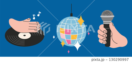 DJ hand on vinyl record, disco ball and microphone. Entertainment, party and performance concept. Trendy modern vector illustration, hand drawn, flat design 130290997