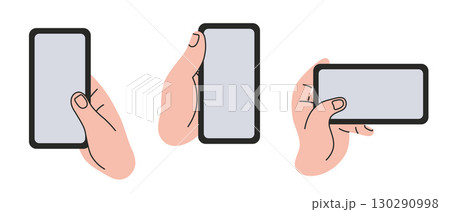 One hand holding smartphone vertically and horizontally. Communication, technology and mobile concept set. Trendy modern vector illustration isolated on white background, hand drawn, flat design 130290998