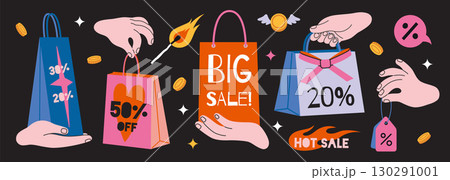 Shopping sale concept with discount bags, hands, coins, percentage signs and promotional offers. Trendy modern vector illustration on black background, hand drawn, flat design Shopping sale concept with discount bags, hands, coins, percentage signs and promotional offers. Trendy modern vector illustration on black background, hand drawn, flat design 130291001