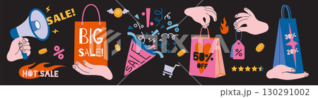 Big sale promotion banner with shopping bags, hands, discounts, megaphone and rating stars. Trendy modern vector illustration on black background, hand drawn, flat design Big sale promotion banner with shopping bags, hands, discounts, megaphone and rating stars. Trendy modern vector illustration on black background, hand drawn, flat design 130291002