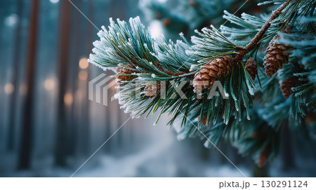 Frost covered pine branch with cones in misty forest, evoking serene winter atmosphere 130291124