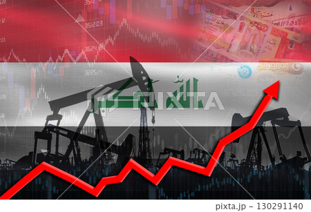 Oil production with Iraq flag, petrol industry. Oil pumps with Iraq flag Oil production with Iraq flag, petrol industry. Oil pumps with Iraq flag 130291140