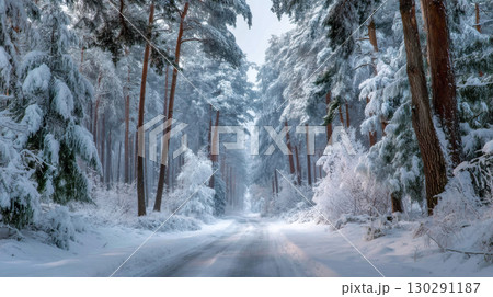 Snow covered forest path lined with tall pine trees, creating serene winter landscape Snow covered forest path lined with tall pine trees, creating serene winter landscape 130291187