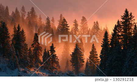 Serene forest landscape with tall pine trees is bathed in warm, golden sunlight, creating tranquil and ethereal atmosphere 130291218