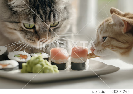 Norwegian Forest Cat and Tabby Explore Sushi Meal with Green Eyes and Whiskers Displayed 130291269