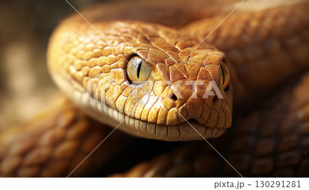 Closeup of a yellow snake with scales, eyes, and reptile details in nature 130291281